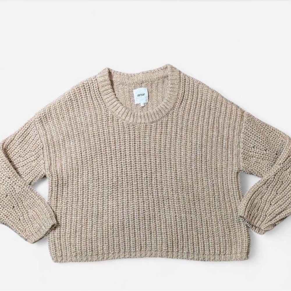 Aerie Oversized Chunky Knit Sweater Beige Tan Size L Cozy Crewneck - Picture 6 of 6